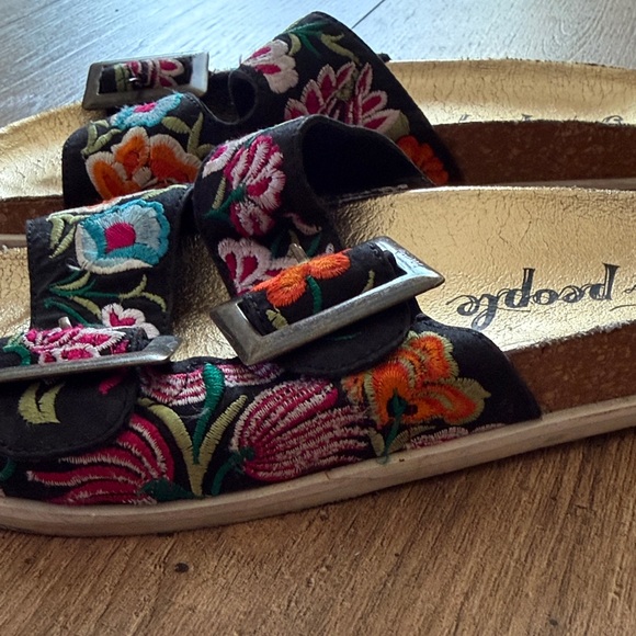 Free People Black Embroidered Double-Strap Sandals with Gold Footbed - Picture 4 of 7